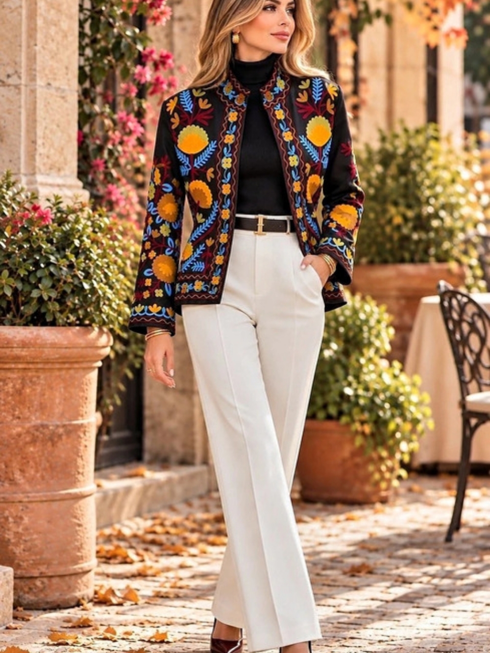 Suzanni 2 Imported From Italy Women's Embroidered Floral Bomber Jacket in Black